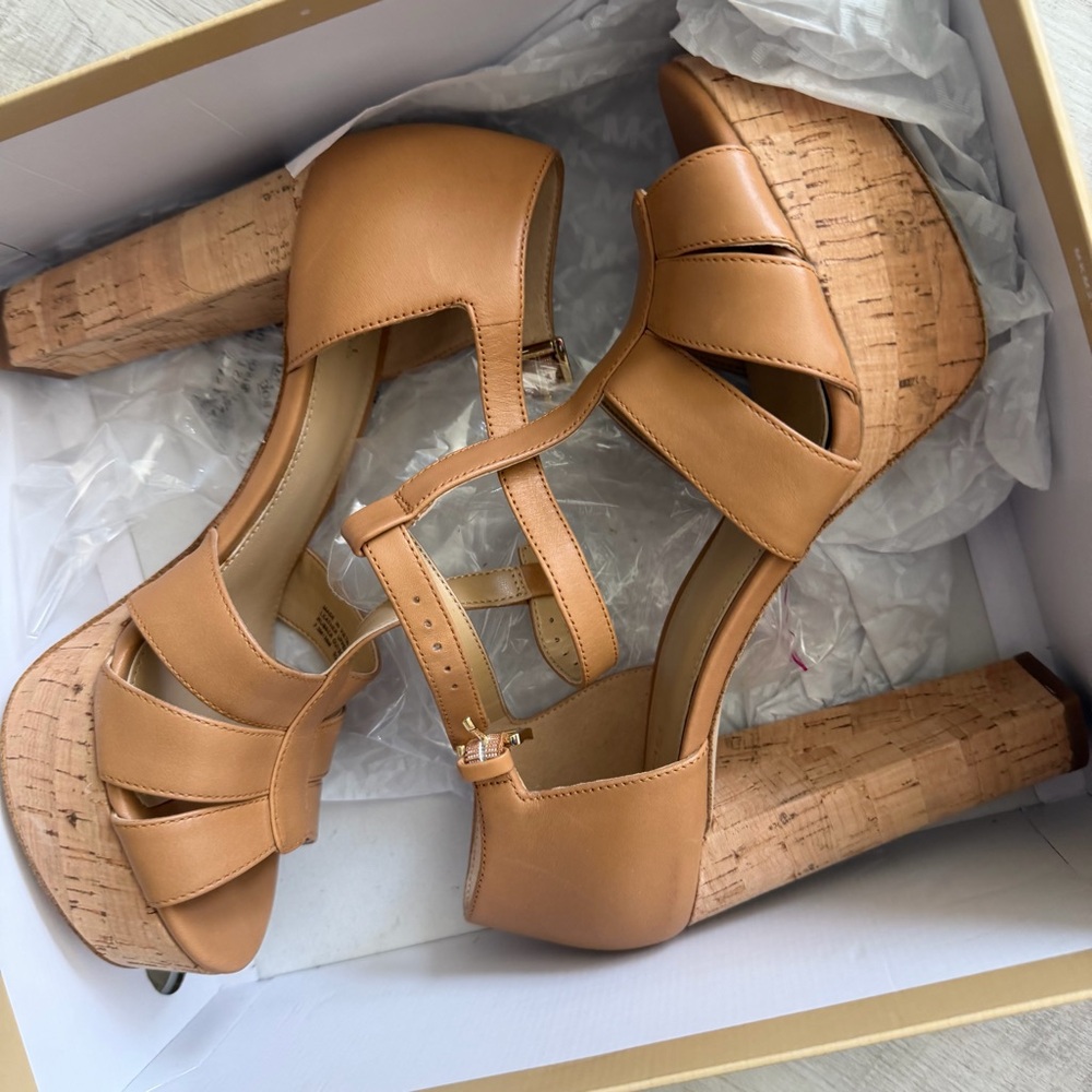 Michael Kors Tan Leather Cork Platform Heels - Picture 3 of 9